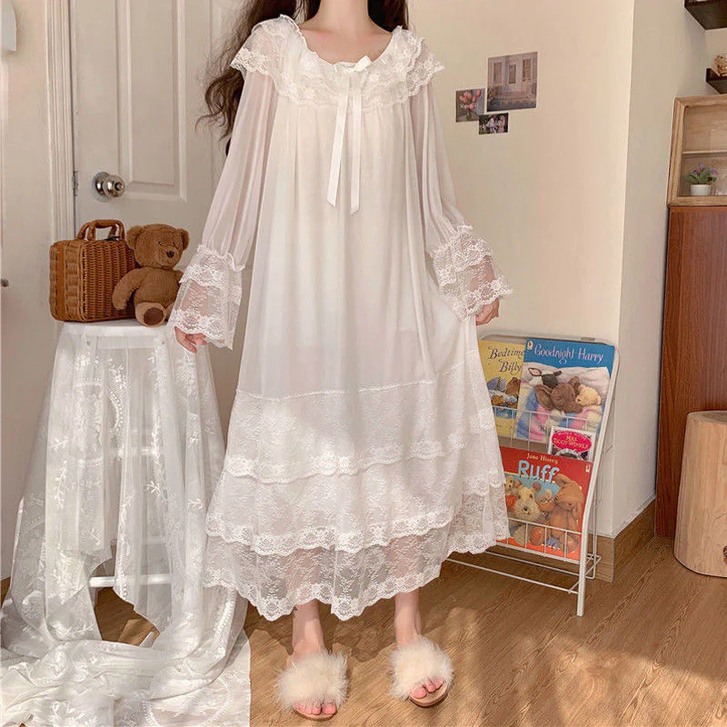 Sleepwear Women Nightwear Women's Sweet New Summer Long-sleeved Sexy Lace Home Clothes Night Gown Sleep Dress - Deanwangkt