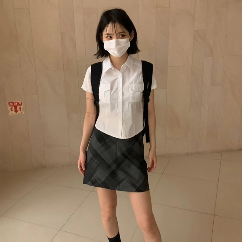 deanwangkt Summer Korean Fashion White Shirt Short Sleeve Double Pocket Solid Shirts Women Japanese Style Blouse Lapel Collar Tops - Deanwangkt