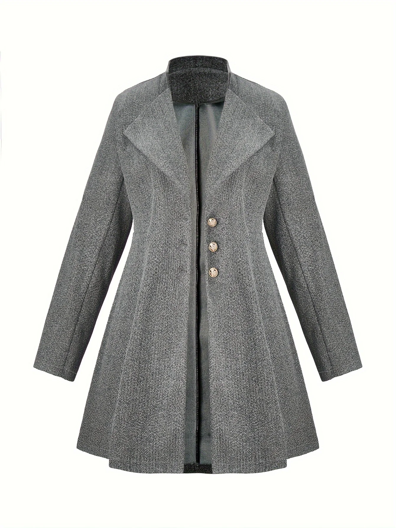 deanwangkt Plus Size Casual Coat, Women's Plus Solid Long Sleeve Button Up Lapel Collar Nipped Waist Tunic Woolen Coat - Deanwangkt