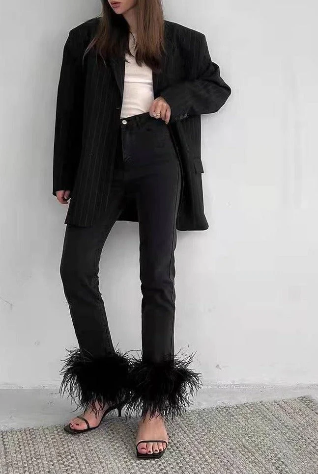 DEANWANGKT Back To School Puffy Feathers Cuff Jeans Women Stylish Denim Pants Fashion Streetwear High Waist Stretch Skinny Cropped Jeans - Deanwangkt