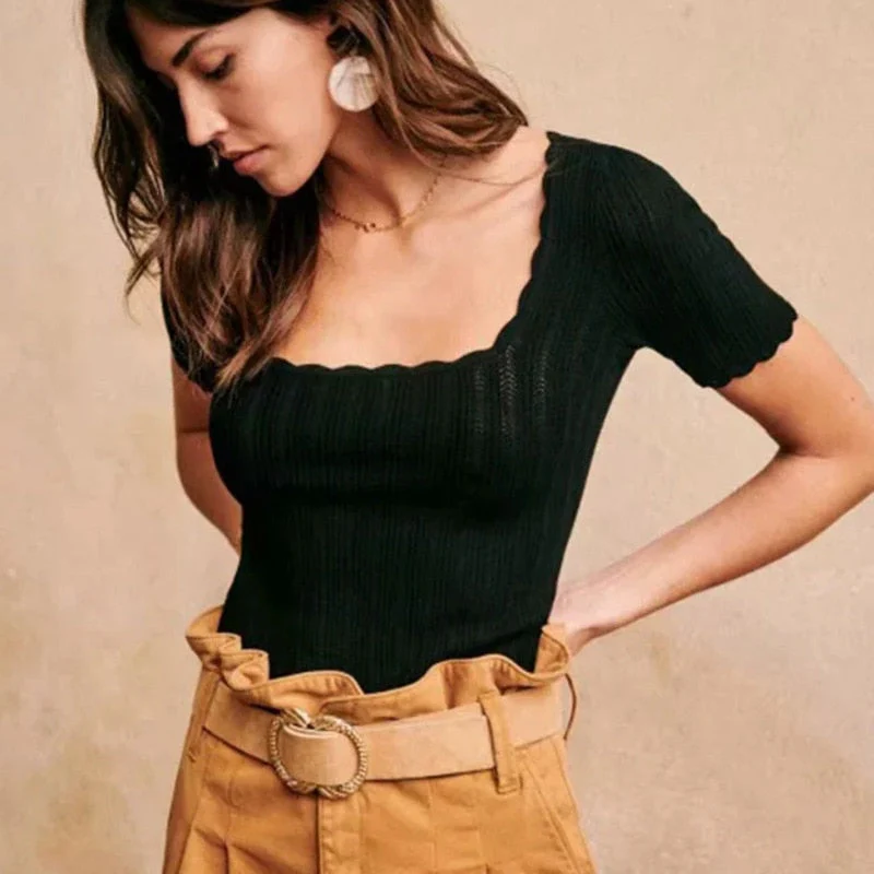 Graduation Gifts  Women Square Neck Pretty Stitch Short Sleeve Knit Top Pointelle Knit Top With Wave Trim tees short lace tops 4PC3 - Deanwangkt