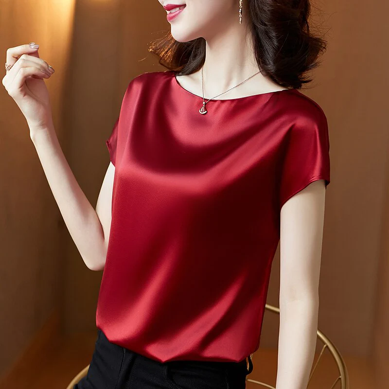 Graduation Gifts  Office Lady Tops Summer Short Sleeve Blouses Satin Blouse Women Shirts Fashion Simple Solid Plus Size Loose Shirt Blusas - Deanwangkt