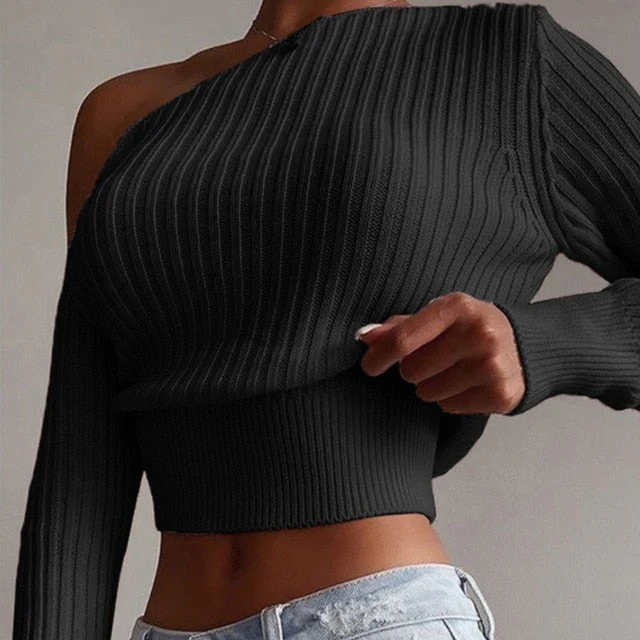 deanwangkt New Sexy Off Shoulder Women' Sweater Jumper Spring Long Sleeve Knitted Crop Tops Fashion Solid Lady Pullover Sweaters Streetwear - Deanwangkt