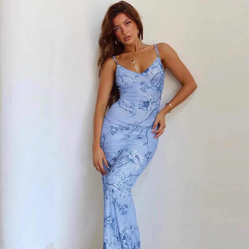 Joskaa Women's New Summer Ins Style Elegant Backless V-neck Print Spaghetti Strap Bodycon Long Maxi Party Evening Dress - Deanwangkt