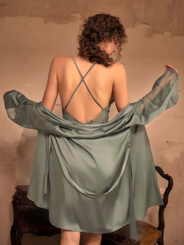 deanwangkt 3 Piece Lingerie Set with Robe Satin Pajamas Dress Cardigan Long Sleeve Top Sexy Sleepwear Bath Female Adult Nightwear Nightgown - Deanwangkt