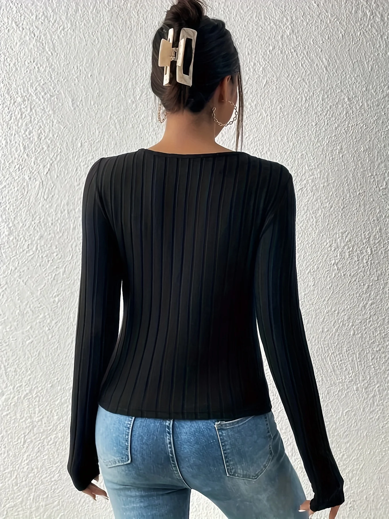 deanwangkt-1 Lace Stitching Ribbed T-Shirt, Casual Long Sleeve Top For Spring & Fall, Women's Clothing - Deanwangkt