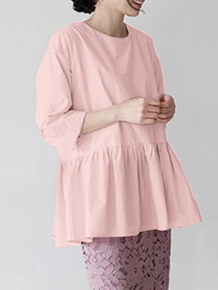 deanwangkt O-Neck Pleated Back Zipper Solid Blouse For Women - Deanwangkt