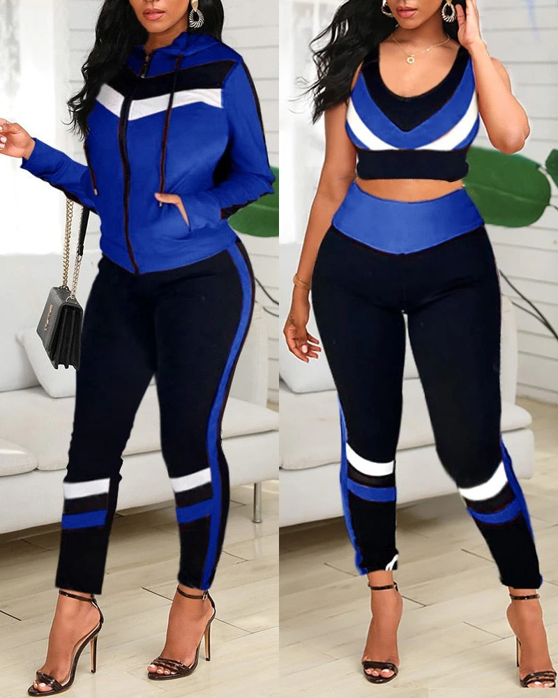 deanwangkt  Colorblock Crop Top & High Waist Pants & Hooded Coat Set Casual Women 3 Piece Set Outfits Sleeve Style Clothing Length Collar - Deanwangkt