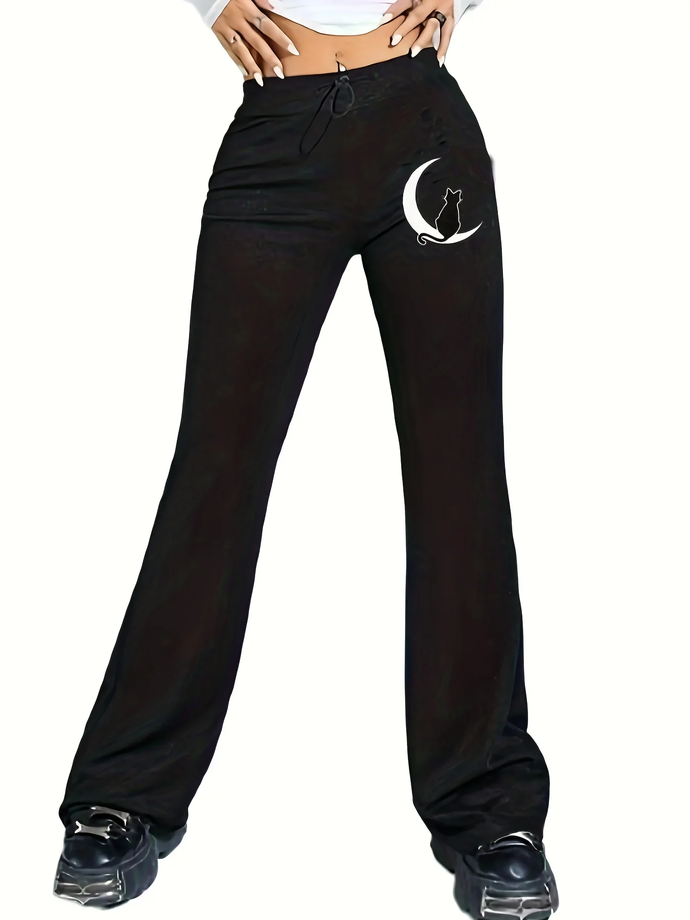 deanwangkt Plus Size Casual Pants, Women's Plus Cat & Moon Print Flared Leg Drawstring Skinny Pants - Deanwangkt