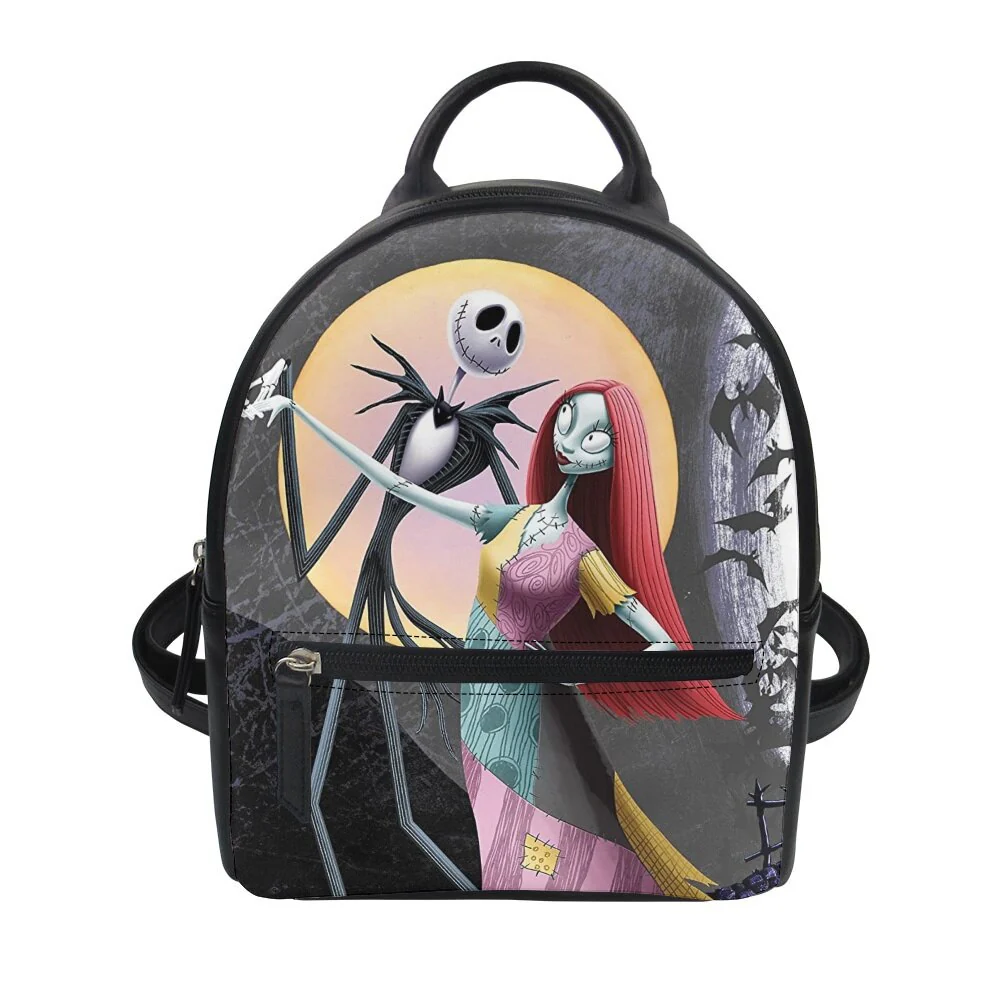 deanwangkt  Nightmare Before Christmas Print Women's Backpack Trend PU Leather Women's Waterproof  Daily Backbags - Deanwangkt