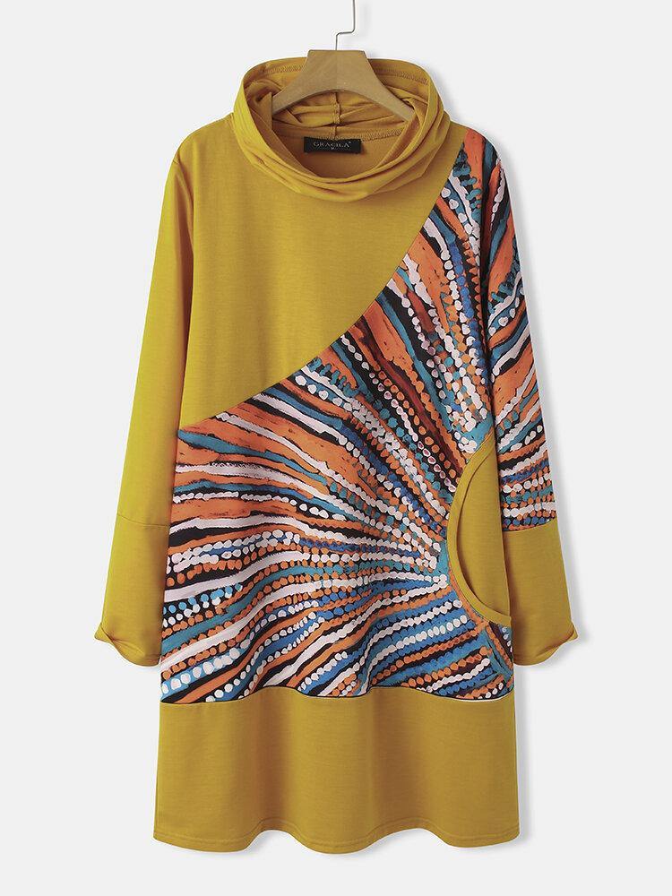 deanwangkt Women Vintage Colorful Print Patchwork Turtleneck Long Sleeve Midi Dresses - Deanwangkt