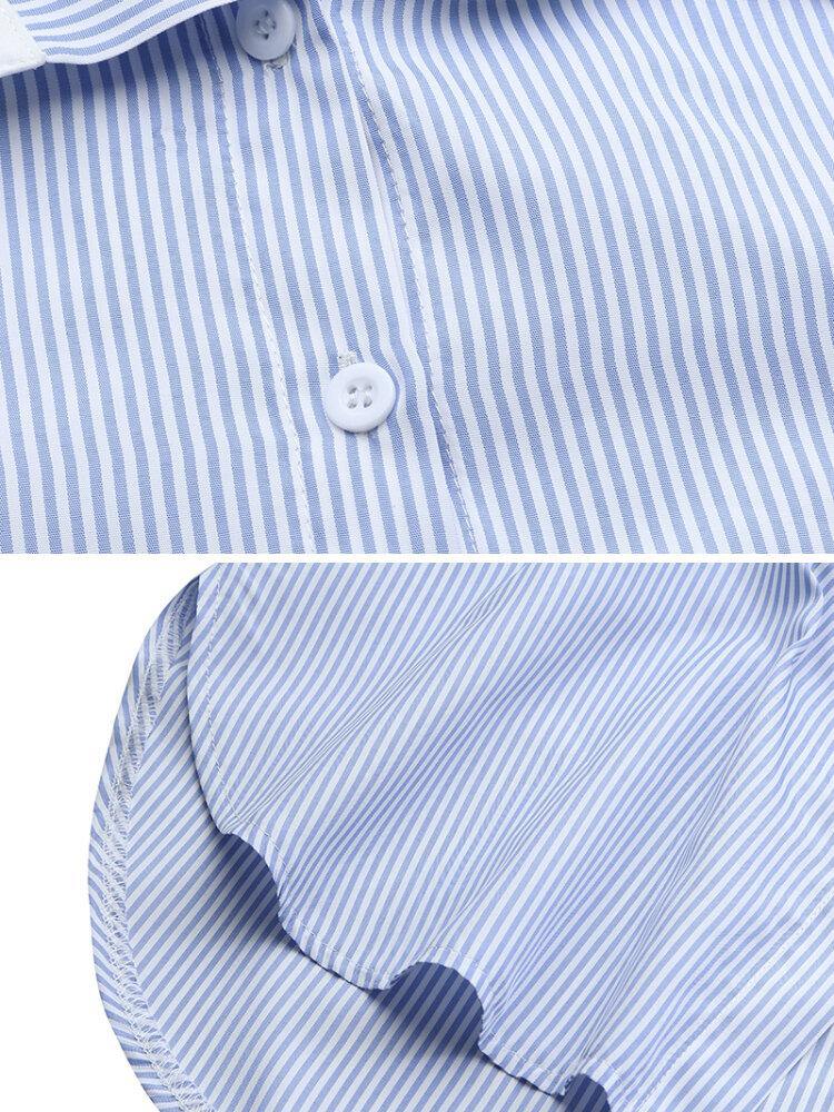 deanwangkt Women Pinstripe Contrast Collar Casual Stitching Sleeve Shirt Dresses - Deanwangkt