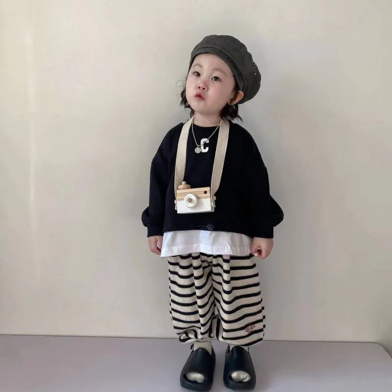deanwangkt Children's Sets Spring Autumn Kids Sweater Striped Pants For Boys Girls' Sweater Korean Children's Loose Pullover Sweater - Deanwangkt