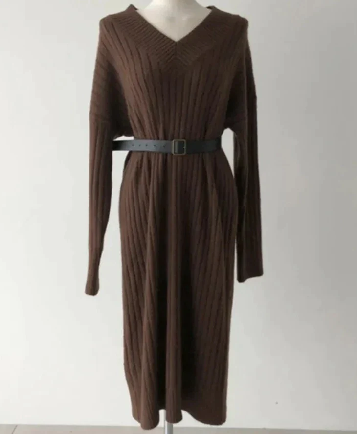 deanwangkt Midi Sweater Dresses Women Autumn Winter V Neck Long Sleeve Warm Elegant Long Casual Loose Ladies Harajuku Dress - Deanwangkt