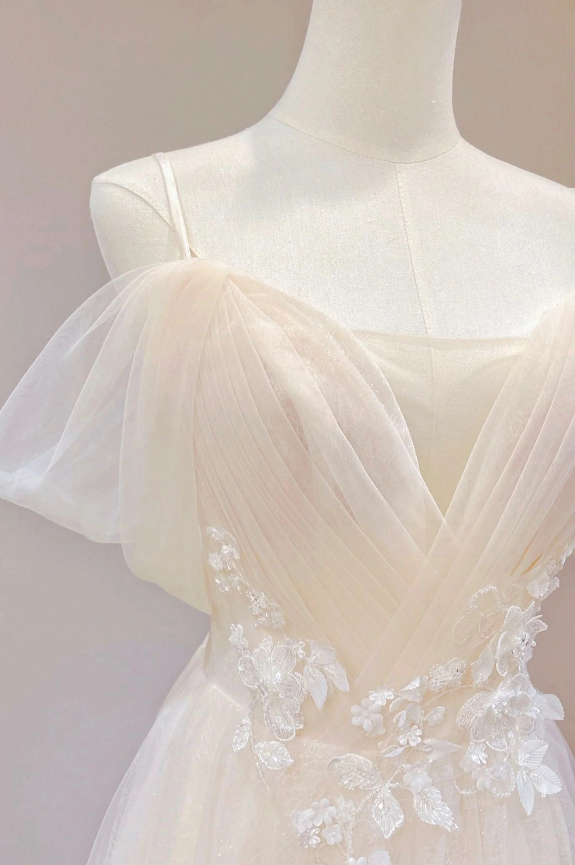 solvbao Champagne Tulle Long Prom Dress, Lovely Lace Formal Evening Dress - Deanwangkt