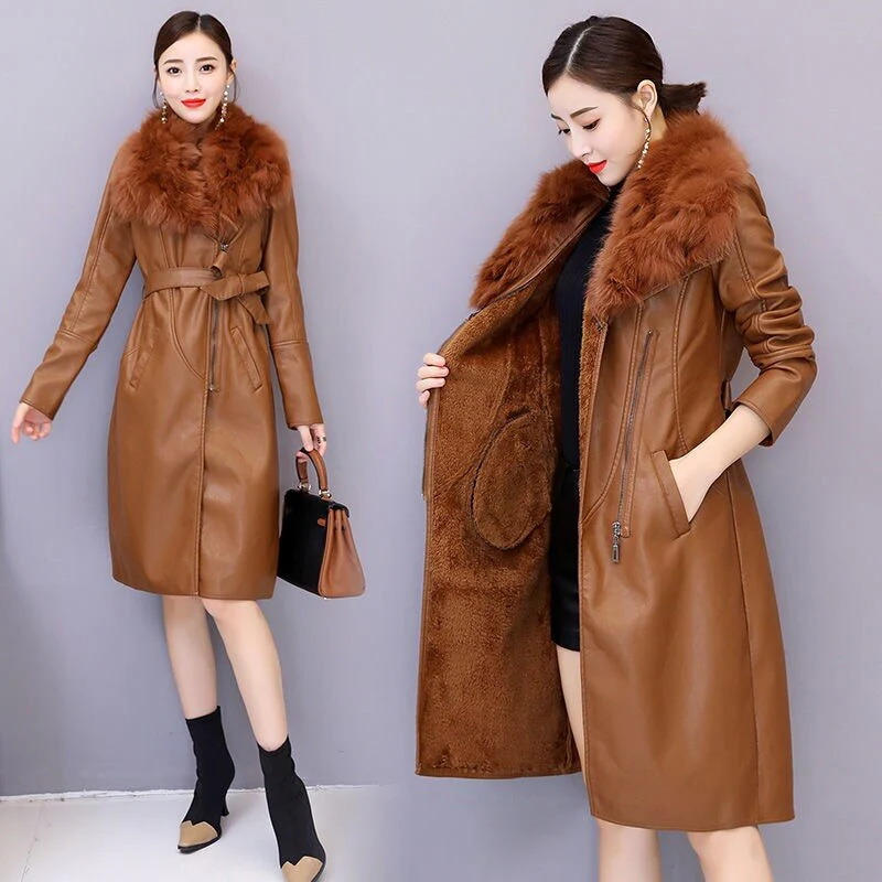 deanwangkt Women's Leather Jacket For Winter  New Plus Velvet Warm Slim Big Fur Collar Long Leather Coat Female Outerwear Winter Coats - Deanwangkt