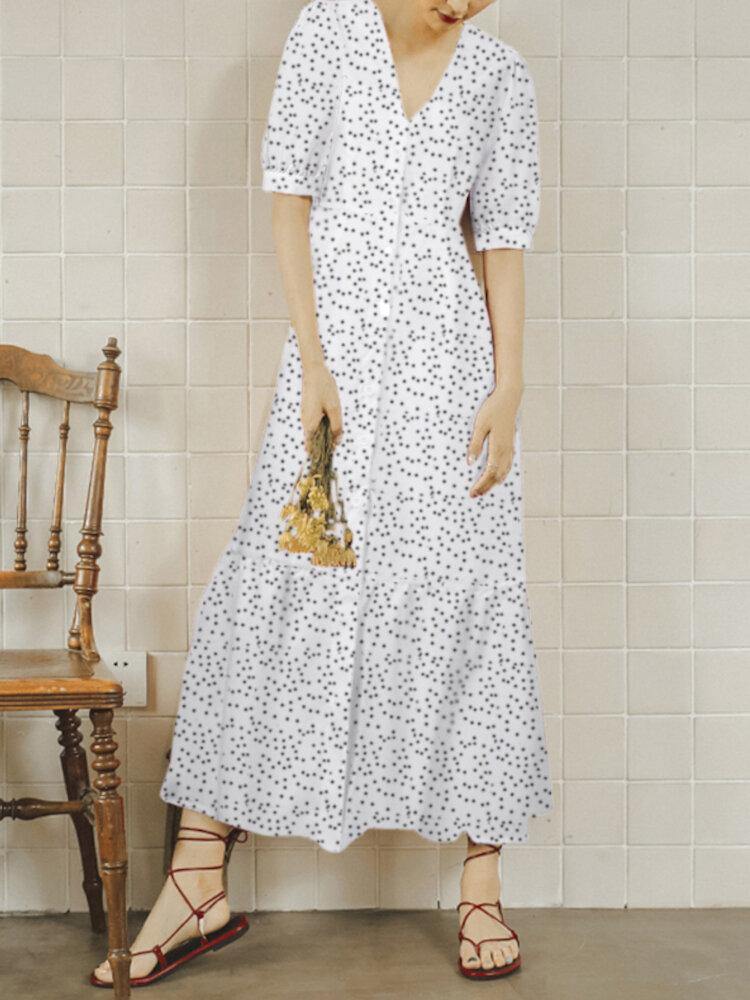 deanwangkt Polka Dot Print V-neck Short Sleeve Buttons Summer Beach Holiday Shirt Dress - Deanwangkt