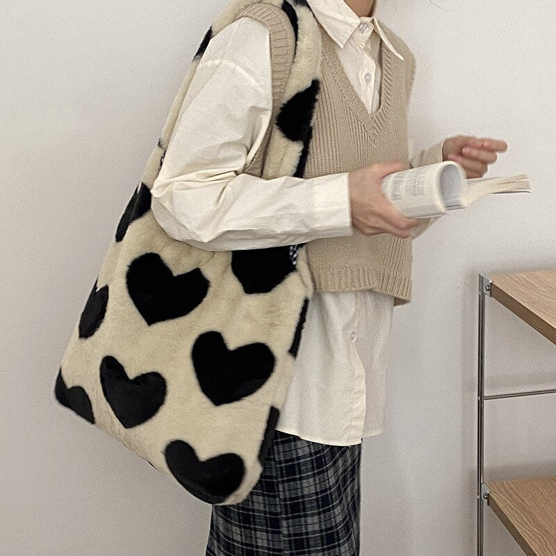 deanwangkt  Art Design Plush Bag Women  Kawaii Love Heart Print Soft Faux Fur Shoulder Bag For Women Ladies Hand Bags Shopper Tote Bag - Deanwangkt