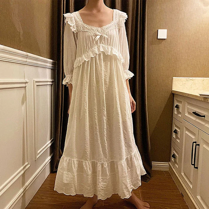 deanwangkt  New Women's Lolita Dress White Lace Square Neck Princess Sleepshirts Vintage Ladies Nightgowns Nightdress Cute Lounge Sleepwear - Deanwangkt