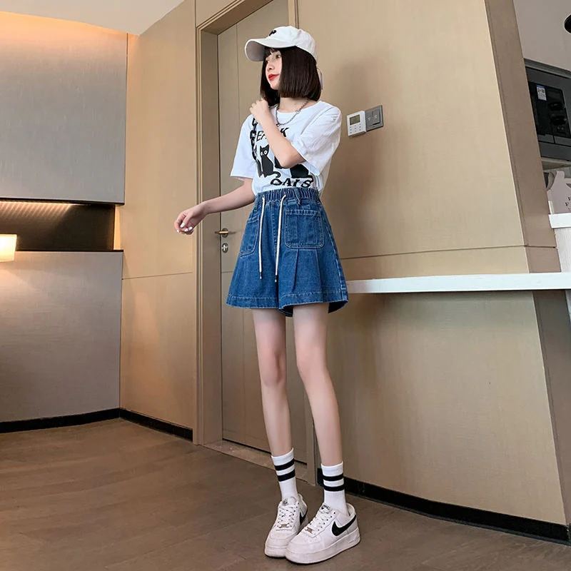 deanwangkt Y2K Summer Women Vintage Blue Korean Denim Shorts High Waist Knee Length Wide Leg Baggy Pockets Short Pants Harajuku Clothes - Deanwangkt
