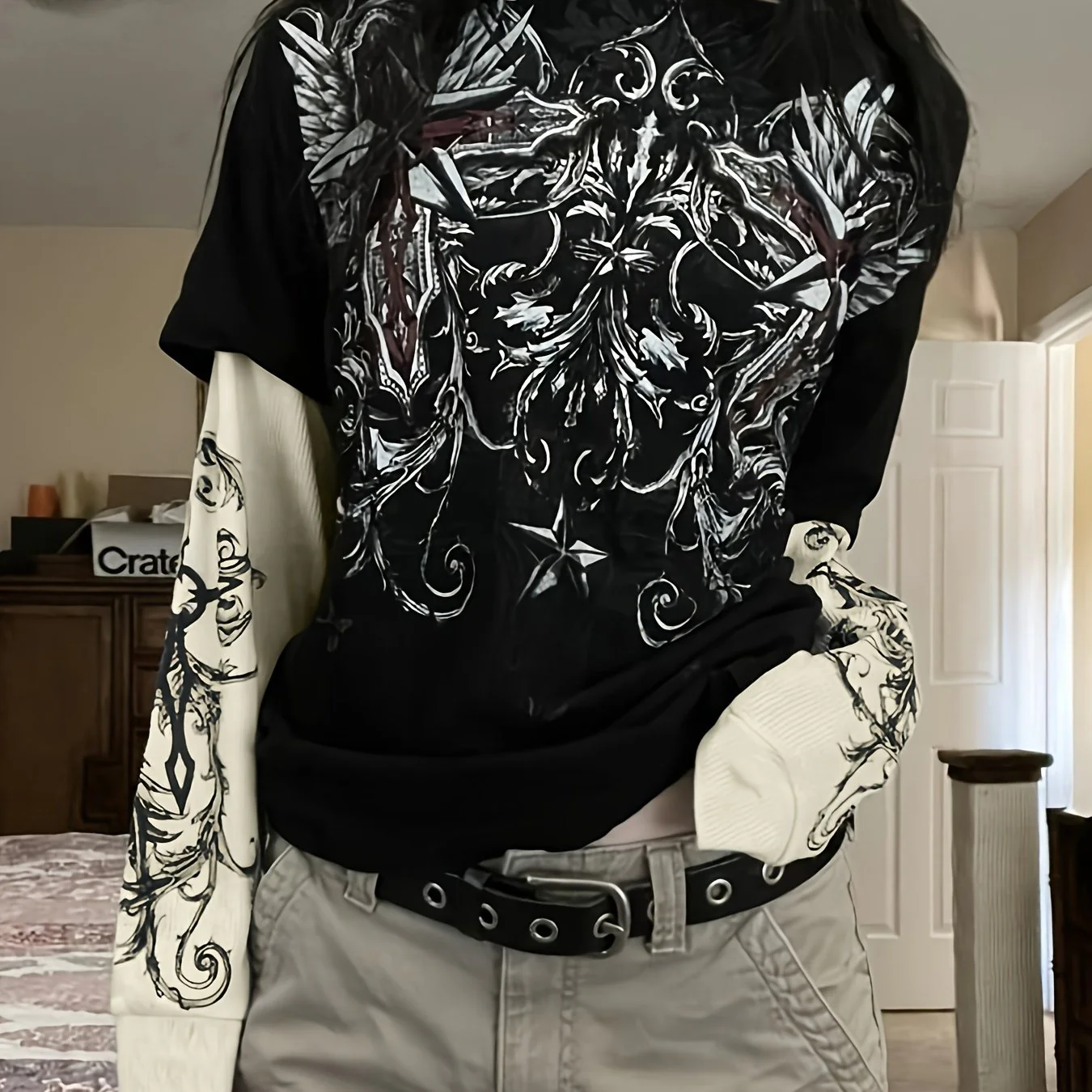 deanwangkt-1 Graphic Print Color Block T-Shirt, Vintage Long Sleeve T-Shirt For Spring & Fall, Women's Clothing - Deanwangkt