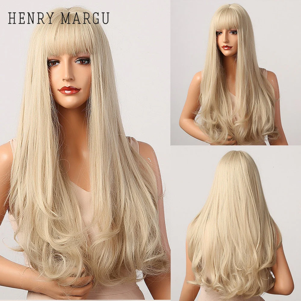 Pure Blonde Synthetic Hair Wigs Long Water Wave Wig for Women Colored Cosplay Lolita Wig with Bangs Heat Resistant - Deanwangkt