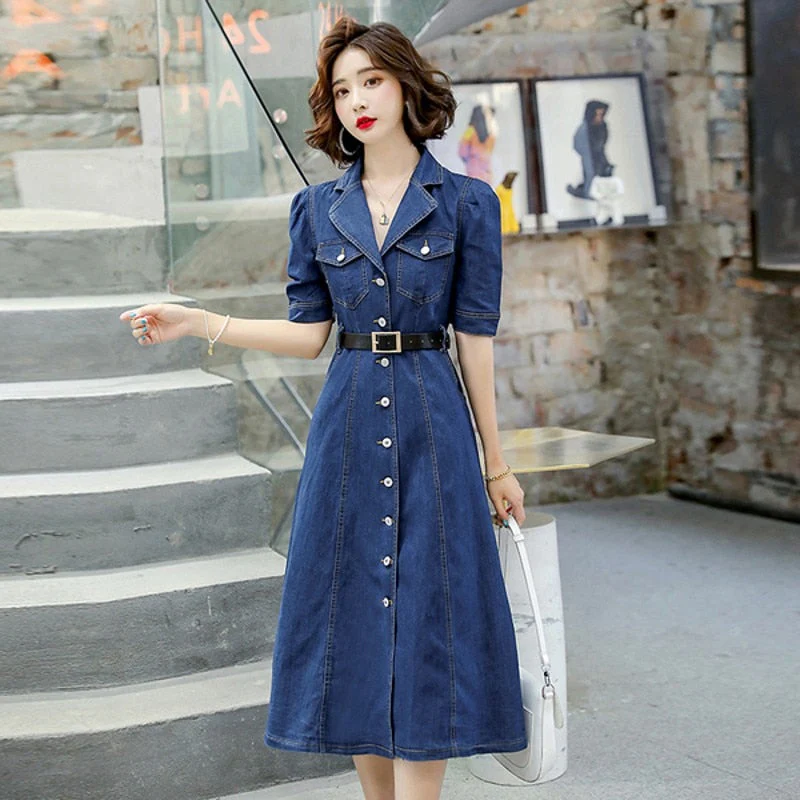 DEANWANGKT  Summer  Women Denim Straight Slim Jeans Solid High Waist Short Sleeve Casual Dresses - Deanwangkt