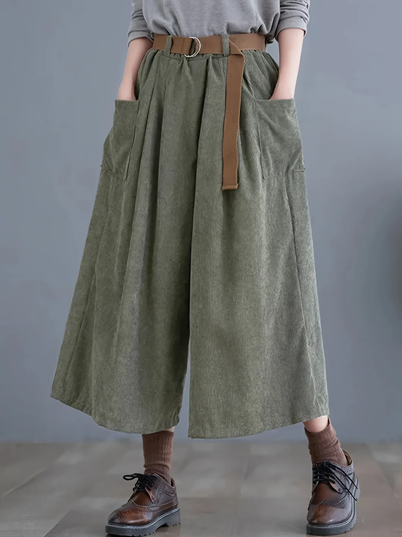 Solid Cropped Wide Leg Pants, Casual Corduroy Pants With Pocket, Women's Clothing - Deanwangkt
