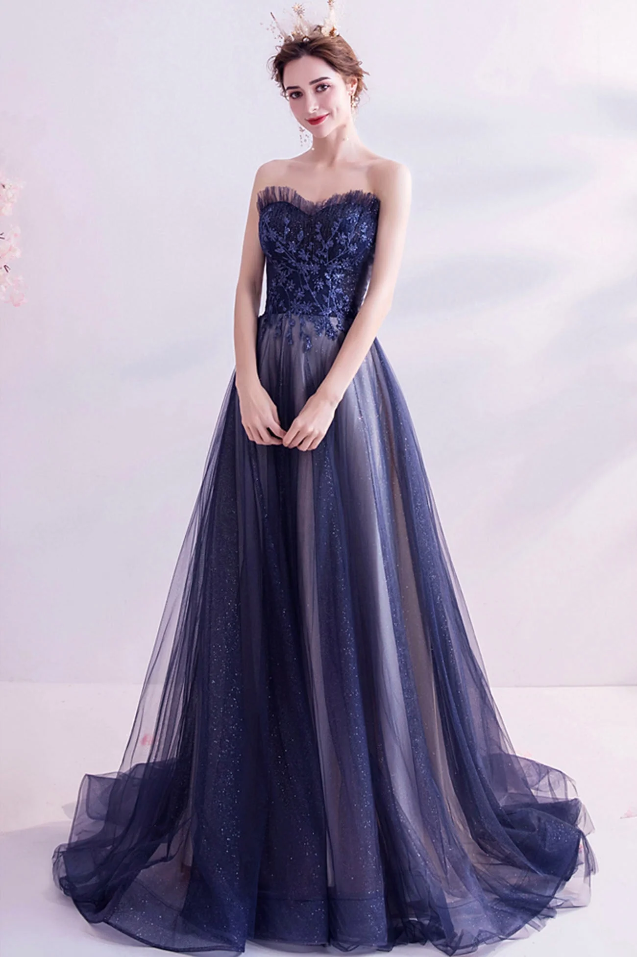 solvbao Blue Strapless Tulle Long Prom Dresses, A-Line Evening Dresses - Deanwangkt