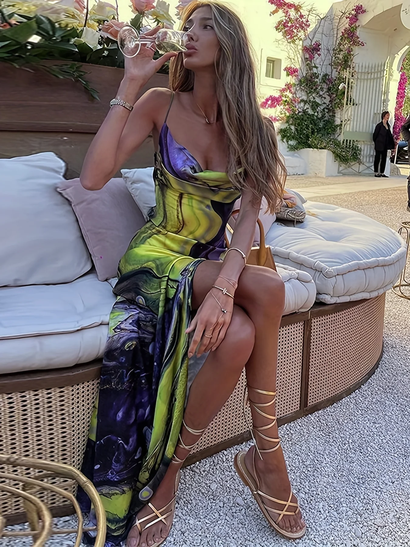 deanwangkt  Abstract Print Split Thigh Cami Dress, Sexy Spaghetti Draped Sleeveless Party Dress, Women's Clothing - Deanwangkt