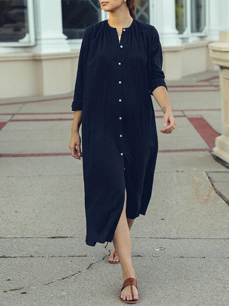 deanwangkt Casual Solid Plain Long Sleeve Button Cotton Shirt Dress - Deanwangkt