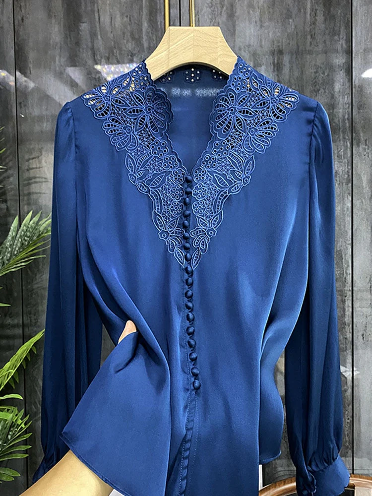 deanwangkt V Neck Shirts Long Sleeve Embroidery Blouse Women Hollow Out Tops Spring  Office Lady Solid Loose Clothes New 20645 - Deanwangkt