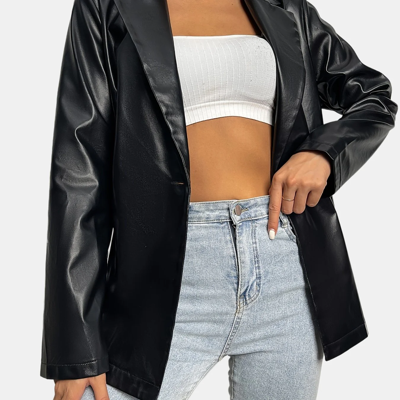 deanwangkt-1  Solid Lapel Faux Leather Long Sleeve Jacket, Elegant Open Front Stylish Outerwear, Women's Clothing - Deanwangkt