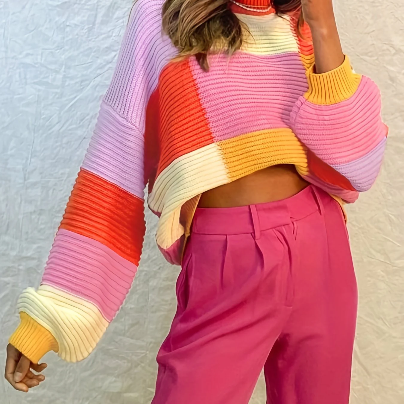 deanwangkt-1 Color Block Mock Neck Pullover Sweater, Y2K Long Sleeve Sweater For Fall & Winter, Women's Clothing - Deanwangkt