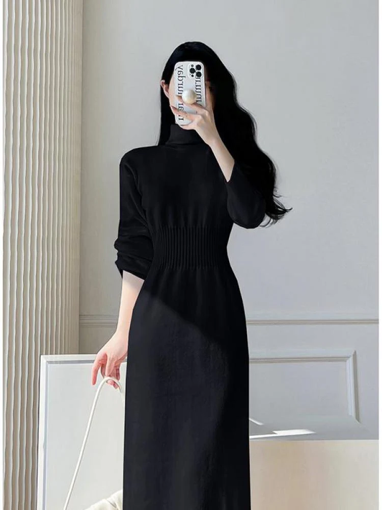 deanwangkt Korean White Fashions High Neck Knitted Warm Sweater Dress Autumn Winter Female Black Classy Retro Slim Waist Long Dress Simple - Deanwangkt