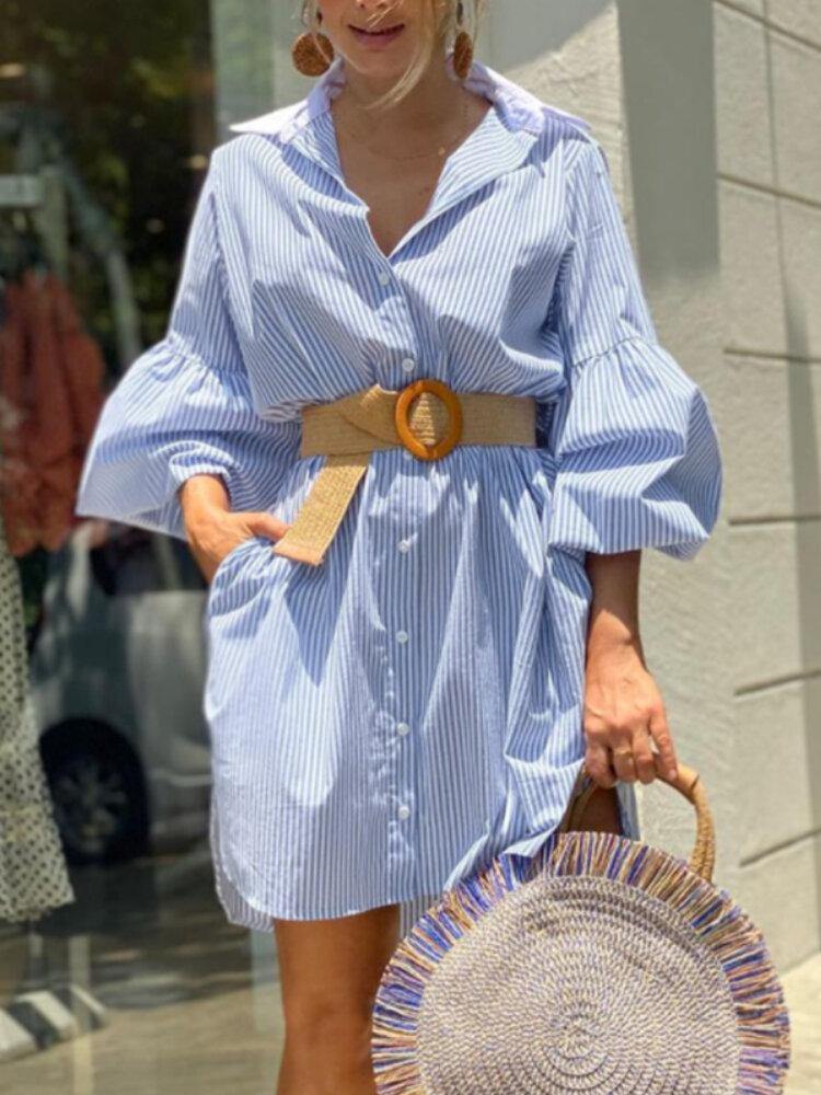 deanwangkt Women Pinstripe Contrast Collar Casual Stitching Sleeve Shirt Dresses - Deanwangkt