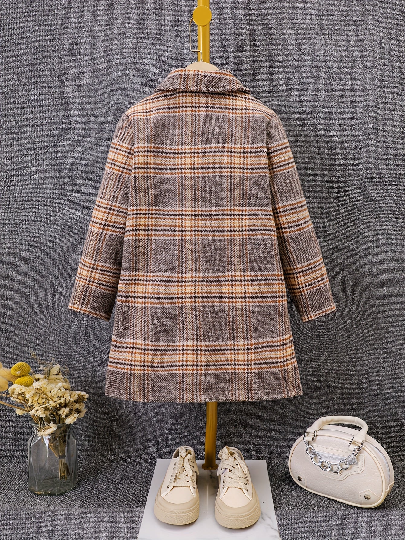 Girls Retro Plaid College Style Button Lapel Faux Woolen Jacket Overcoat, Autumn And Winter - Deanwangkt