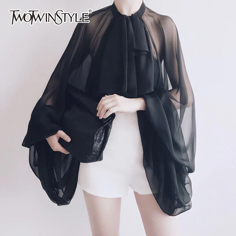 deanwangkt Bowknot Chiffon Blouse Shirt Women Lantern Sleeve Tulle Transparent Sexy Tops Large Size  Spring Summer Casual - Deanwangkt