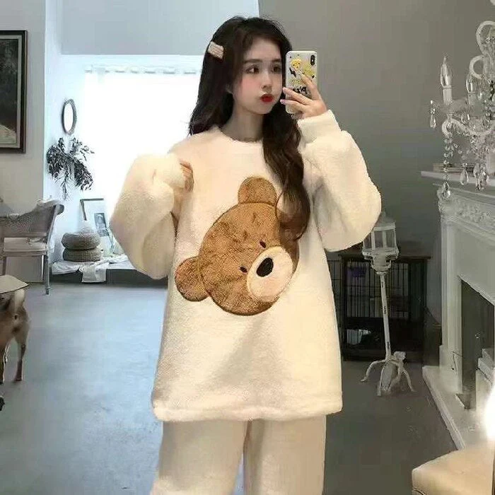 deanwangkt Winter Warm Flannel Women Pyjamas Sets Thick Coral Velvet Long Sleeve Cartoon Sleepwear Thin Flannel Pajamas Set Sleep Wear - Deanwangkt
