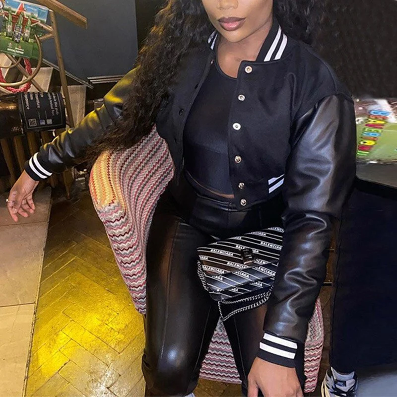 deanwangkt Patchwork Crop Jacket Varsity Women Autumn Winter Casual Oversized Y2k Fashion Baseball Coat - Deanwangkt