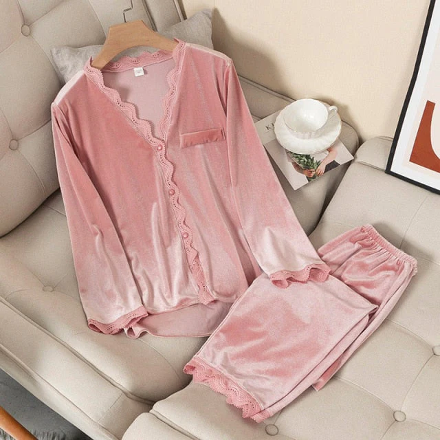 deanwangkt Velvet Pajamas Women Autumn Winter Sleepwear Long Sleeve Casual Nightwear Pyjamas Suit Loose Home Clothes Lace Trim Sleep Set - Deanwangkt