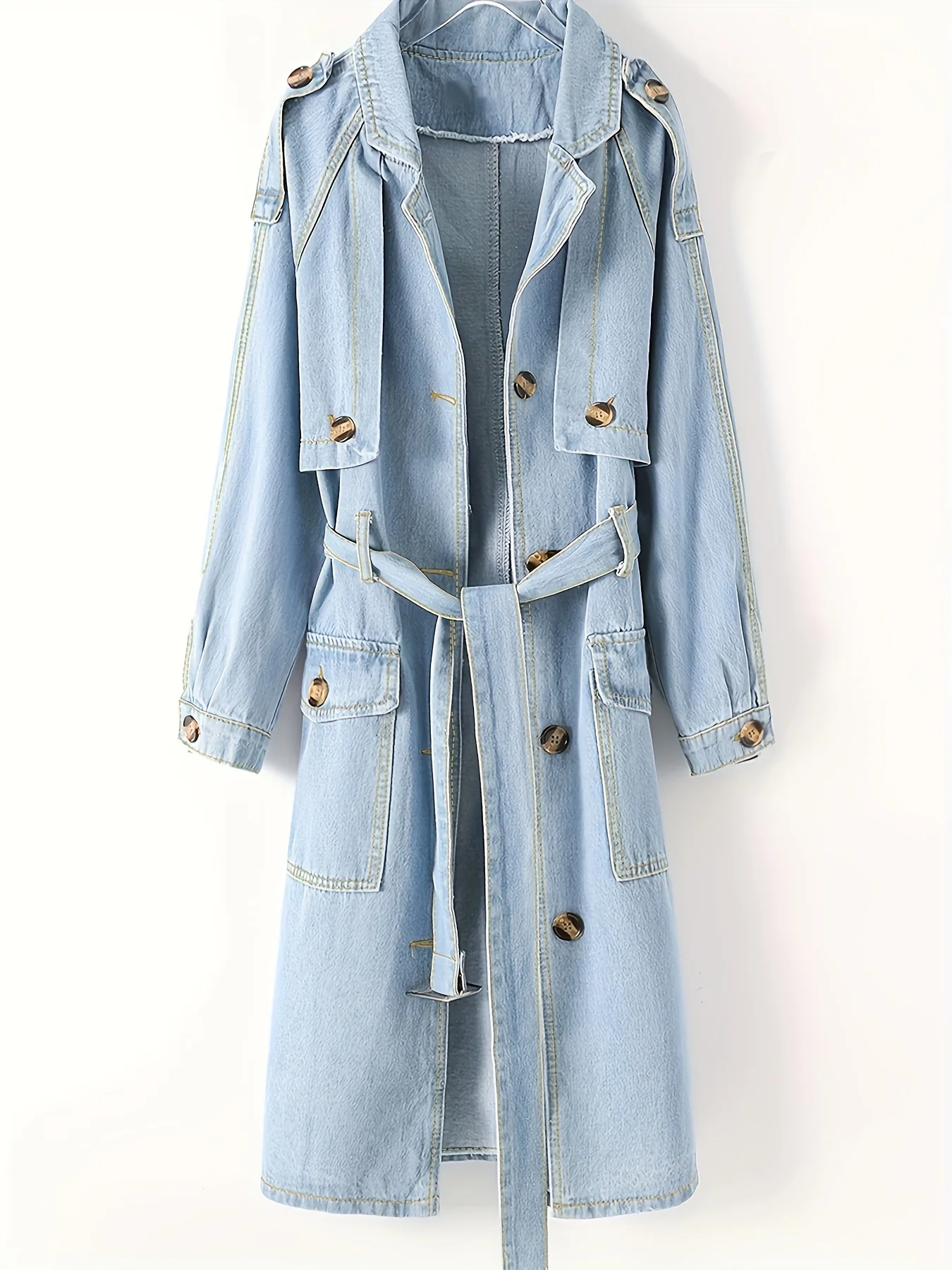 deanwangkt-1  Blue Long Sleeves Long Denim Coat, Flap Pockets With Waistband Casual Long Denim Jacket, Women's Denim Clothing - Deanwangkt