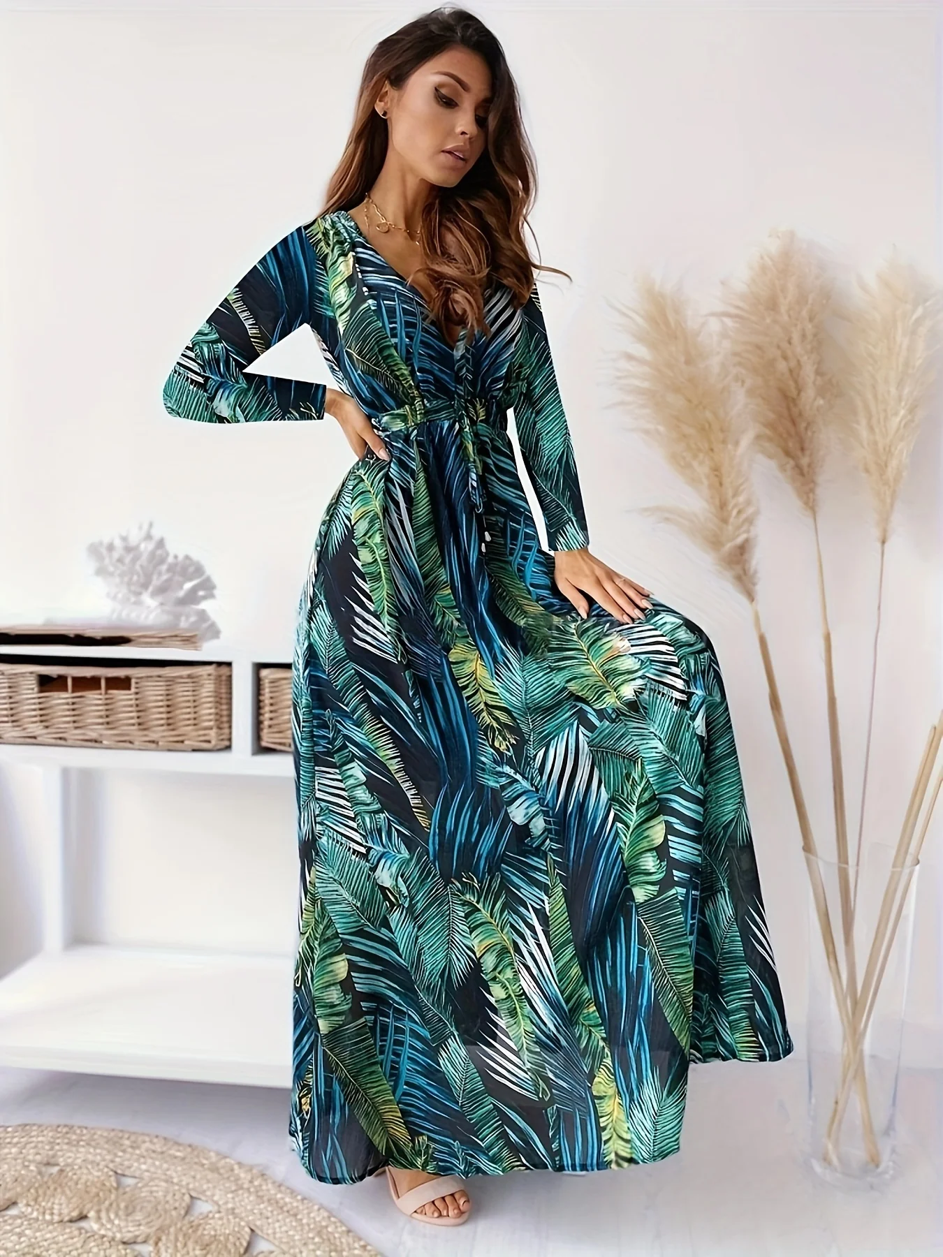 Leaf Print Long Sleeve Dress, Boho Plunge Neck Maxi Length Dress, Women's Clothing - Deanwangkt