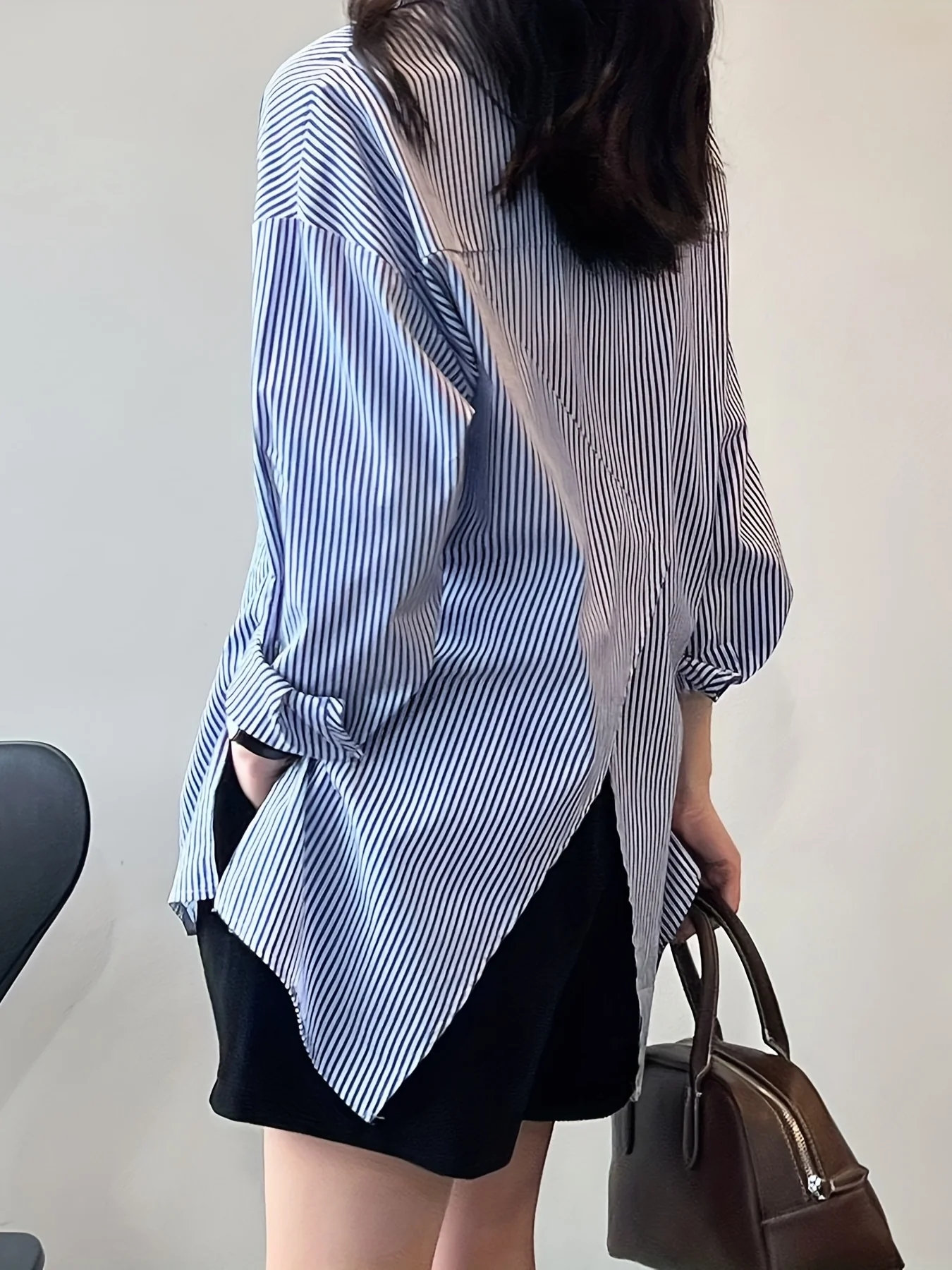 Striped Print Split Shirt, Casual Button Front Long Sleeve Shirt, Women's Clothing - Deanwangkt