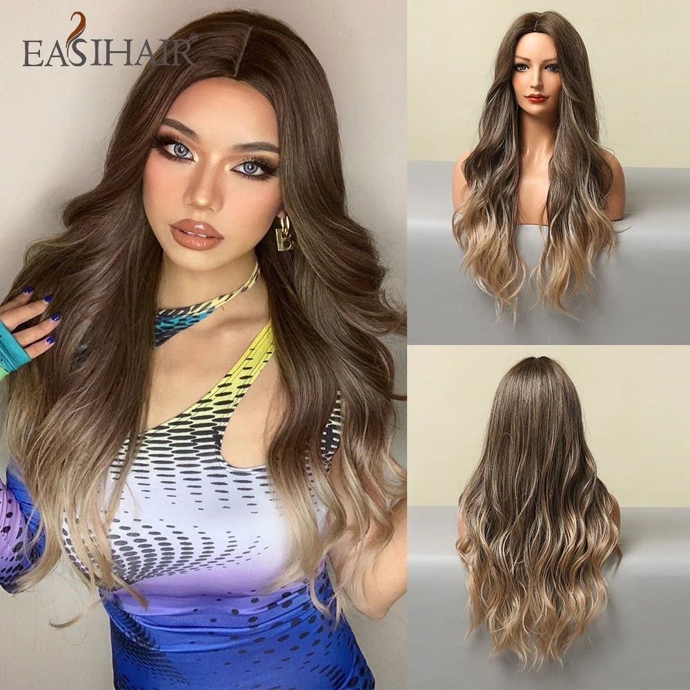 deanwangkt  Long Body Wave Wigs Ombre Black Brown Blonde Synthetic Wig Cosplay Middle Part Natural Heat Resistant Wig For Women - Deanwangkt