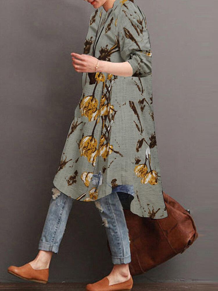 deanwangkt Women Floral Print Button Front High Low Hem Long Sleeve Midi Shirt Dress - Deanwangkt