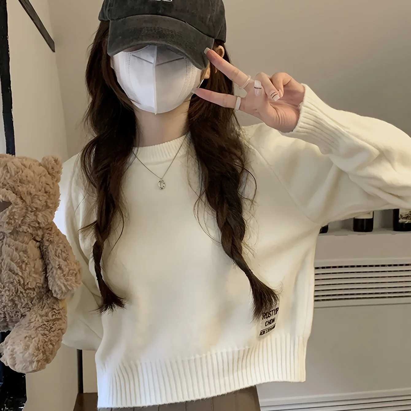 deanwangkt  Solid Crew Neck Pullover Sweater, Casual Long Sleeve Crop Versatile Sweater, Women's Clothing - Deanwangkt