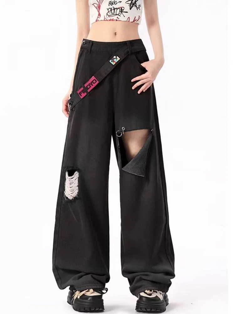 deanwangkt Spring and Autumn Dopamine Leisure Network Red Fried Street Age Reducing Gradient Denim Wide Leg Pants Women's Jeans - Deanwangkt