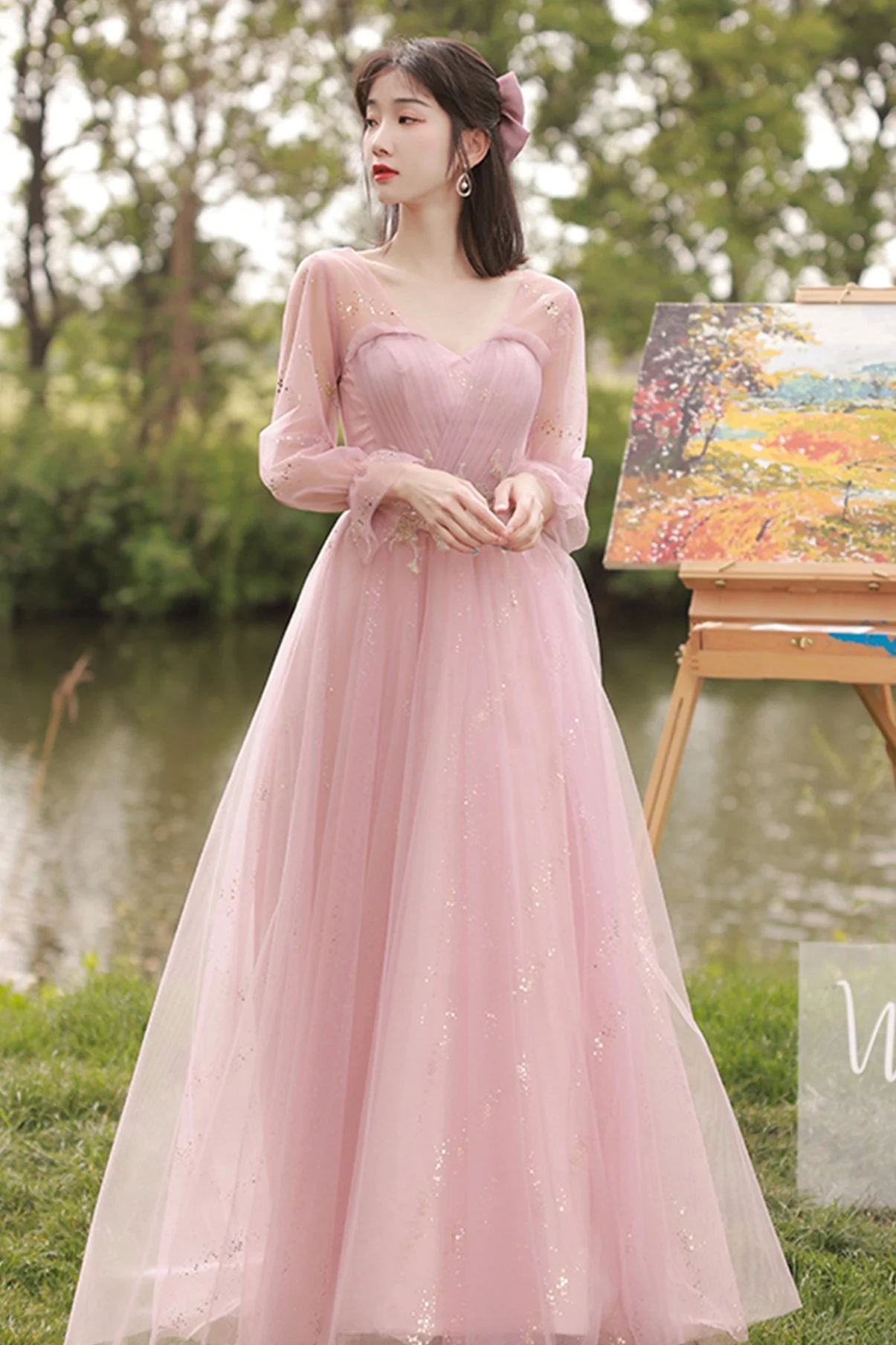 solvbao Pink Lace Long Prom Dresses, A-Line Evening Dresses - Deanwangkt