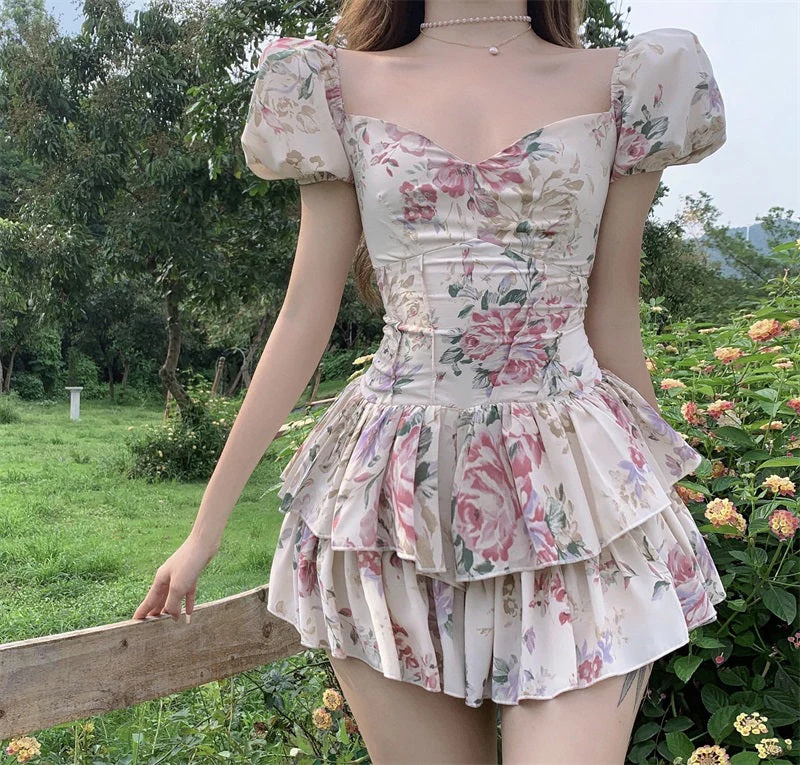 deanwangkt  Summer French Romantic Floral Mini Romper Square Collar Flowers Printed Chiffon Tiered Playsuit Cute Kawaii Feminine Romper  Fairy Dress - Deanwangkt